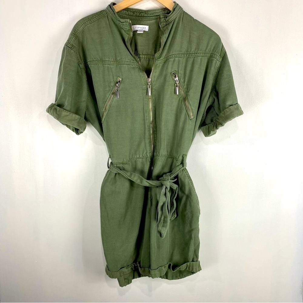 TopShop Utility Cargo Zipper Up Tie Front Waist One Piece Short Sleeve Romper 10